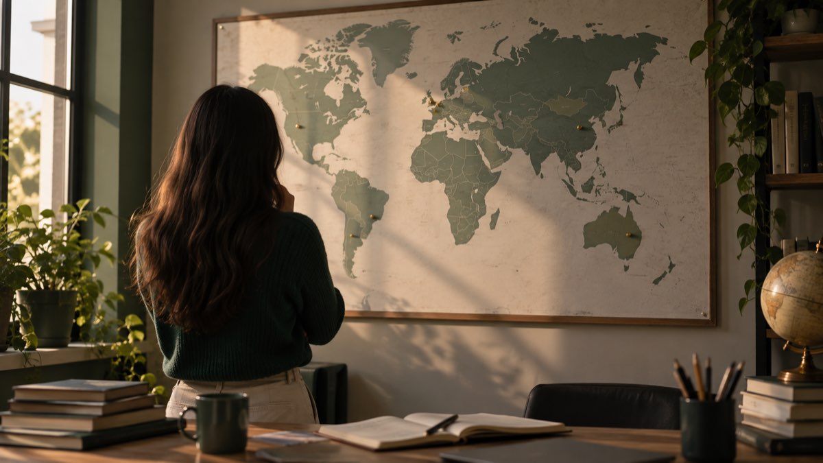 A student viewed from behind looking at a large wall-mounted world map