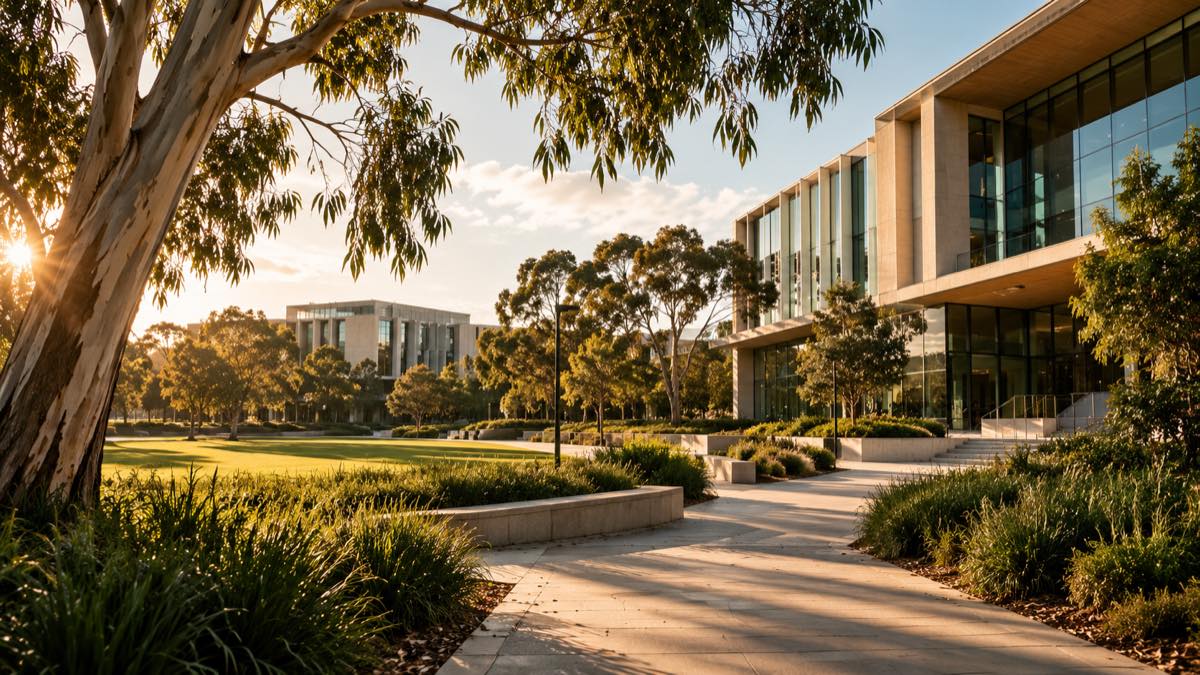 A modern Australian university campus with eucalyptus trees