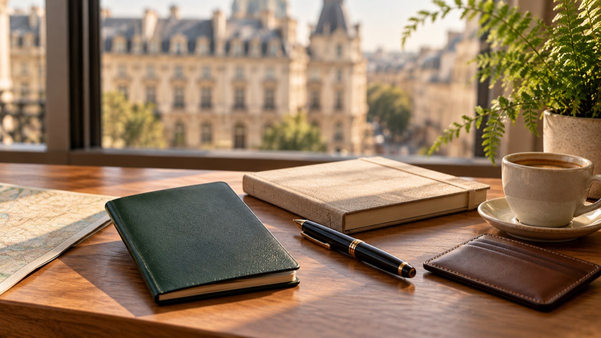 A passport, notebook and pen on a desk with a European street behind the window
