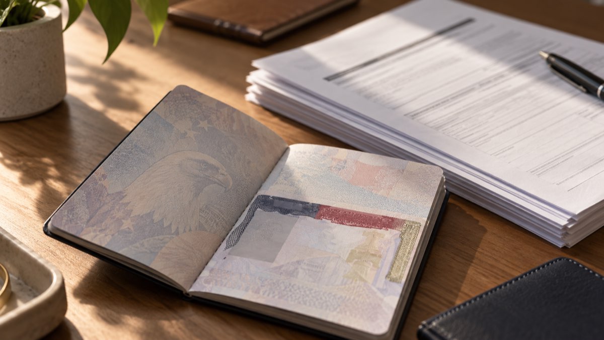 A US passport open to its visa page beside a stack of official immigration paperwork
