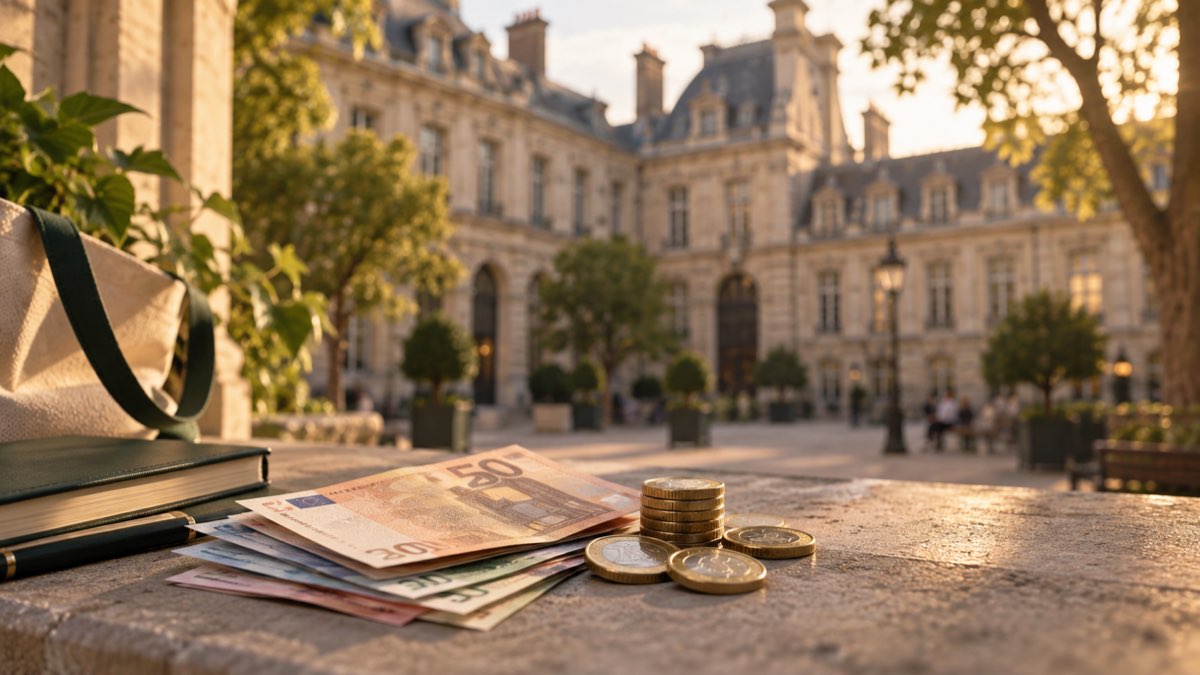 Euro banknotes and coins in front of a classical Parisian university building