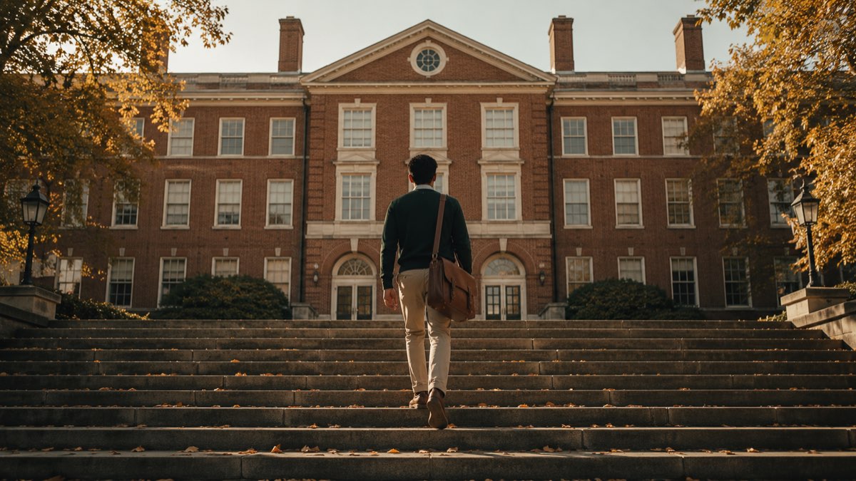 A red-brick Ivy-League-style campus building in autumn light
