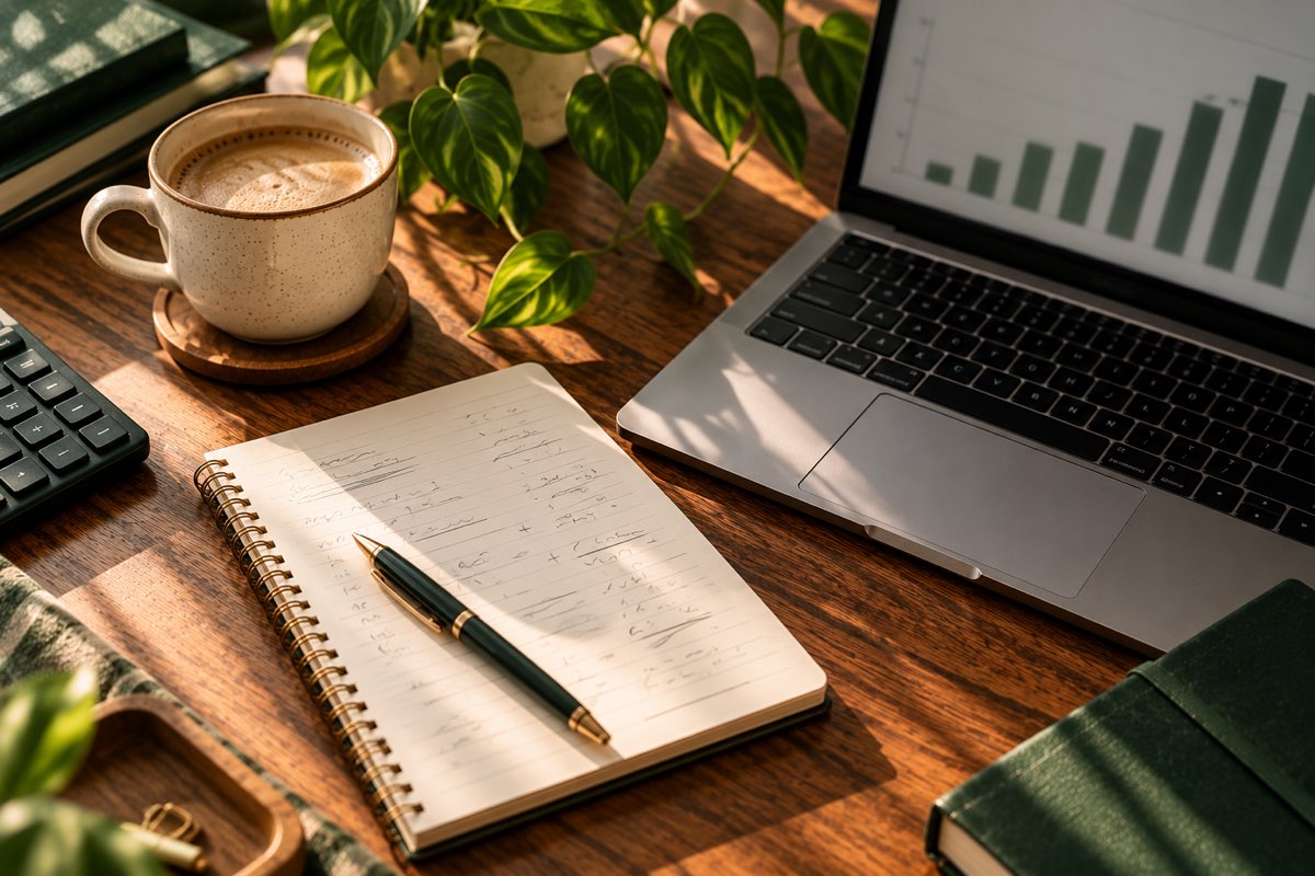 A notebook with calculations beside a laptop showing a rising bar chart