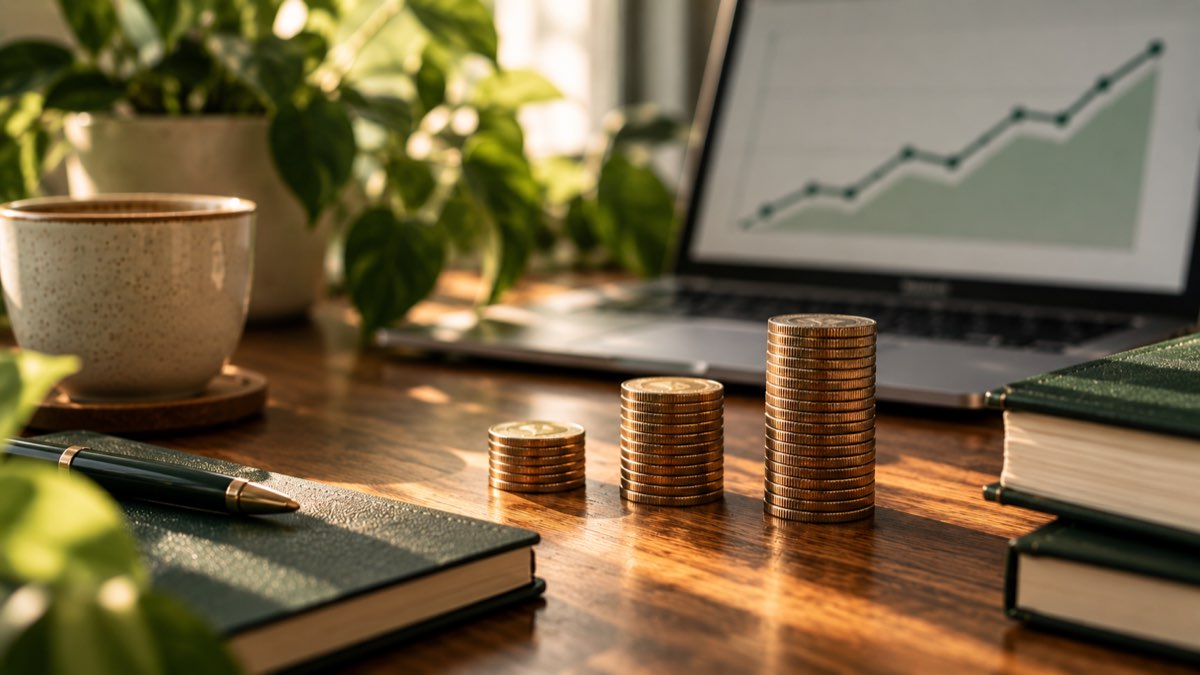 Three rising stacks of coins beside a laptop chart