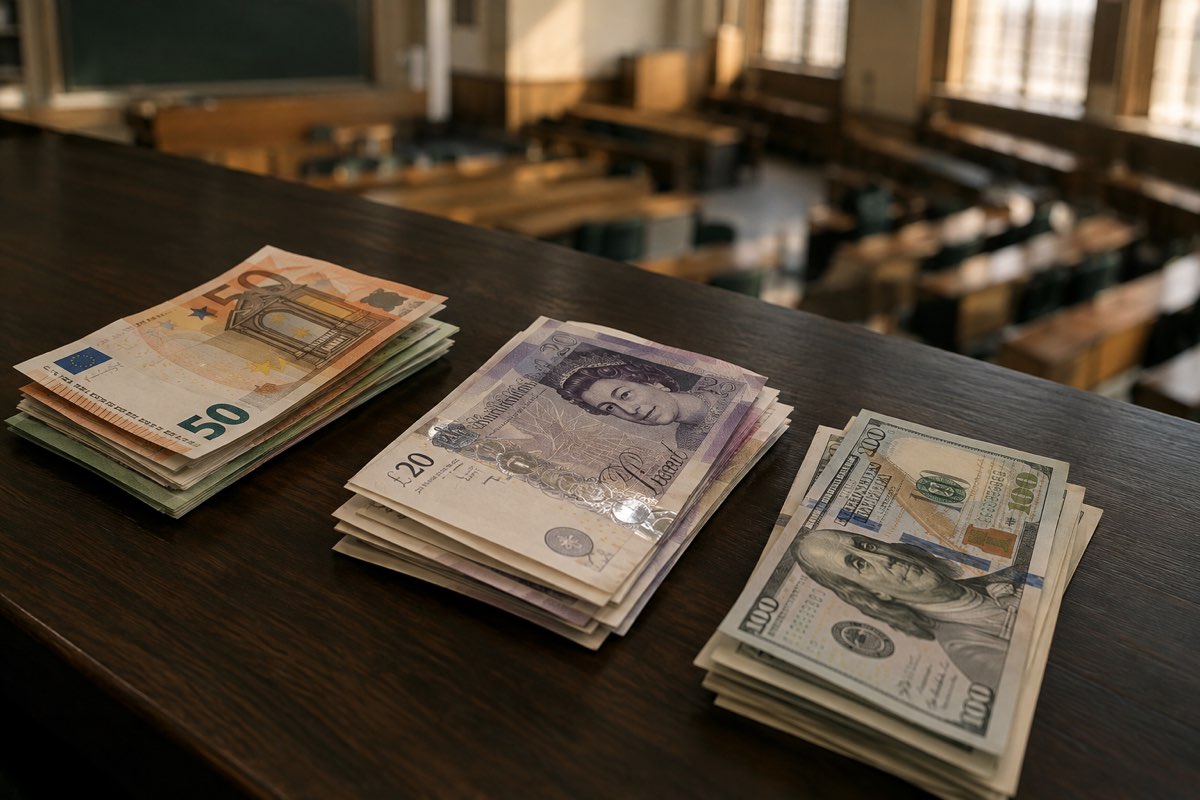 Three stacks of euro, pound and dollar banknotes on a desk