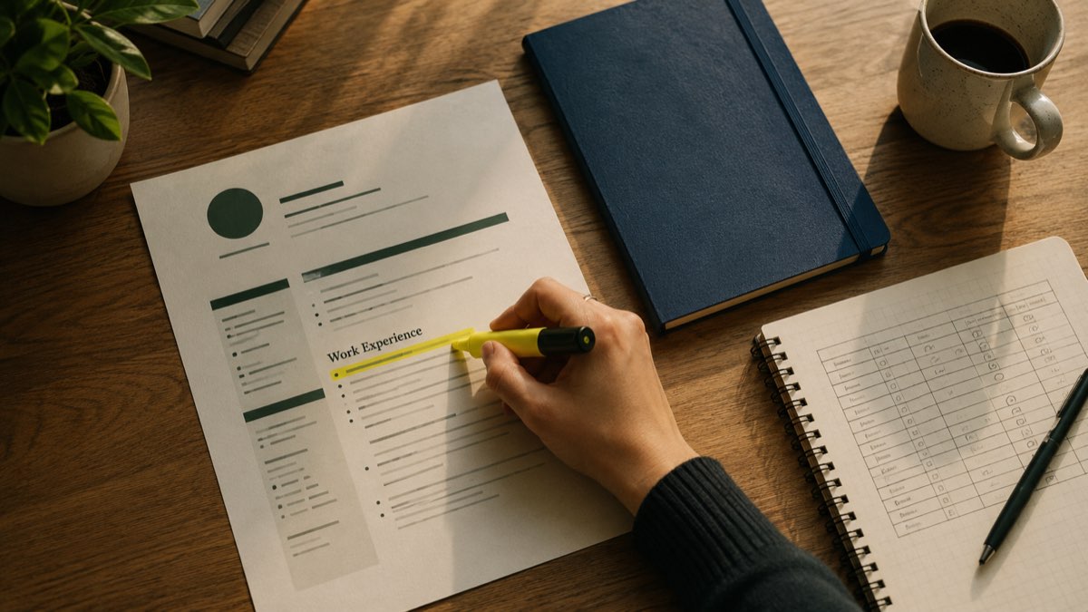 An Indian working professional reviewing their resume and laptop while preparing an MBA application