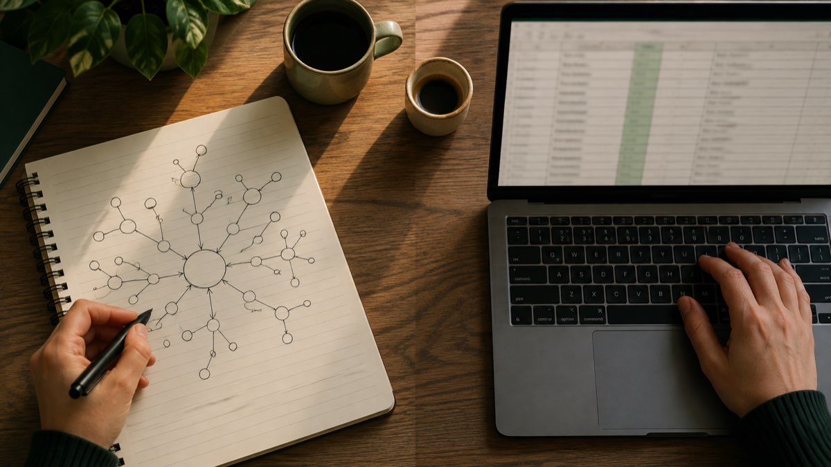 Two work setups side by side, representing the decision between an MBA and a specialized Master's degree