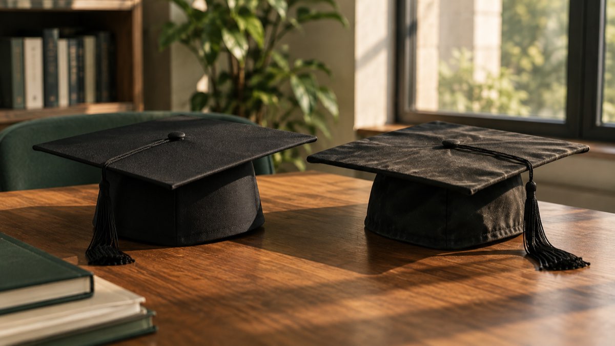 Two graduation caps side by side on a wooden table