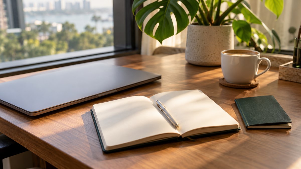 A closed laptop, notebook, pen and passport on a desk by a window