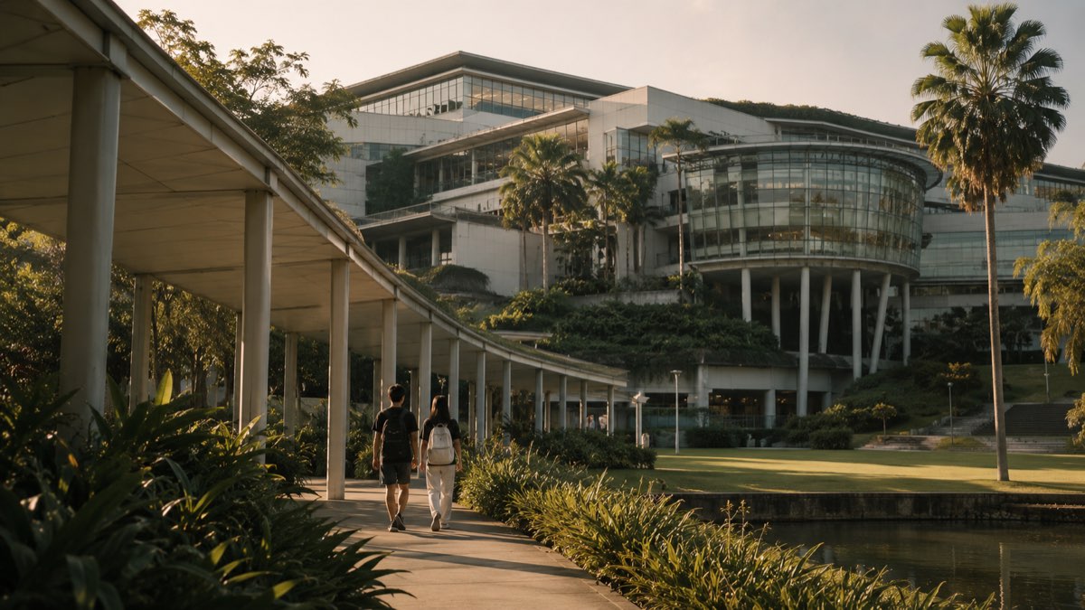 A modern university campus building in Singapore surrounded by tropical greenery