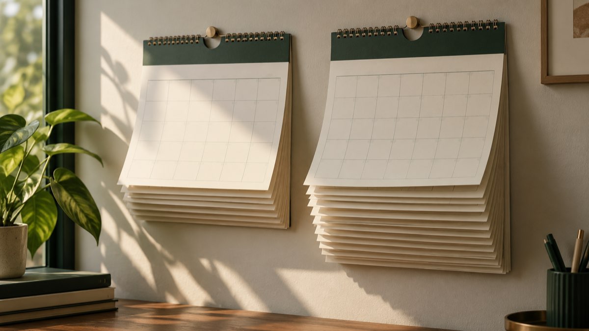 Two wall calendars side by side, one thinner than the other