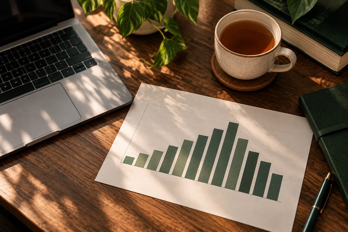 A printed bar chart showing a rise then a dip beside a laptop and tea on a desk