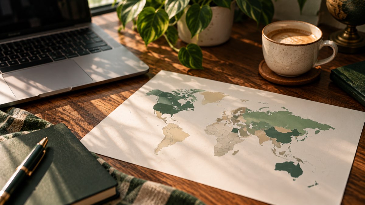 A world map printed on paper with softly shaded regions