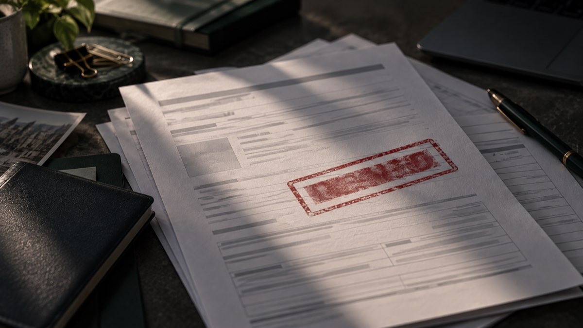 A stack of visa application documents with a red rejection-style stamp mark